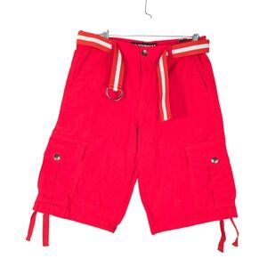 Southpole Mens Red Cargo Shorts with Striped D-Ring Belt Size 30 Streetwear